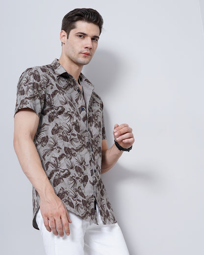 Brown Leaf Print Shirt for Men