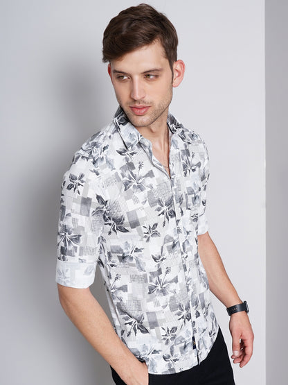 Floral Grey & White Printed Shirt for Men 