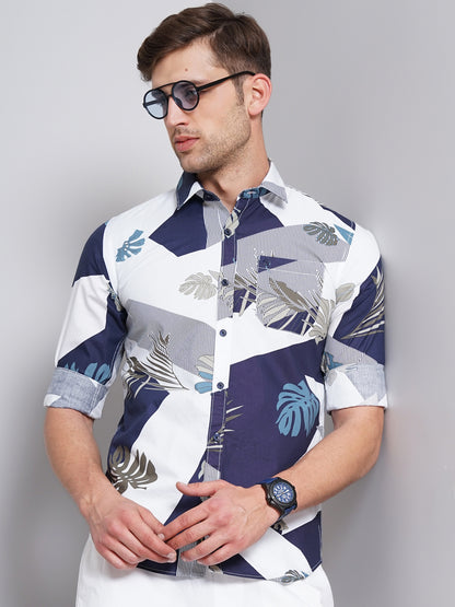Tropical Leaves Navy & White Printed Shirt for Men 