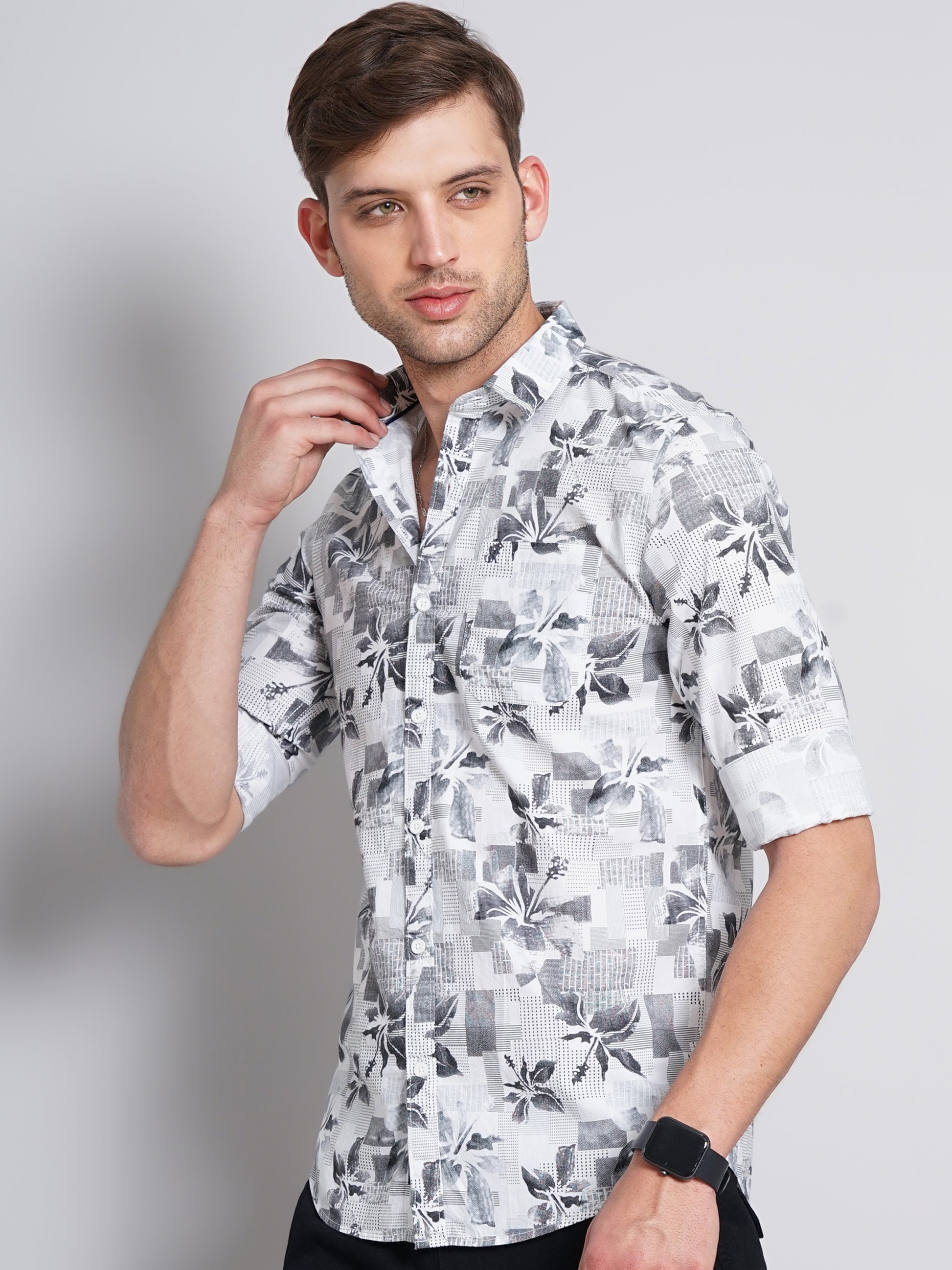 Floral Grey & White Printed Shirt for Men 