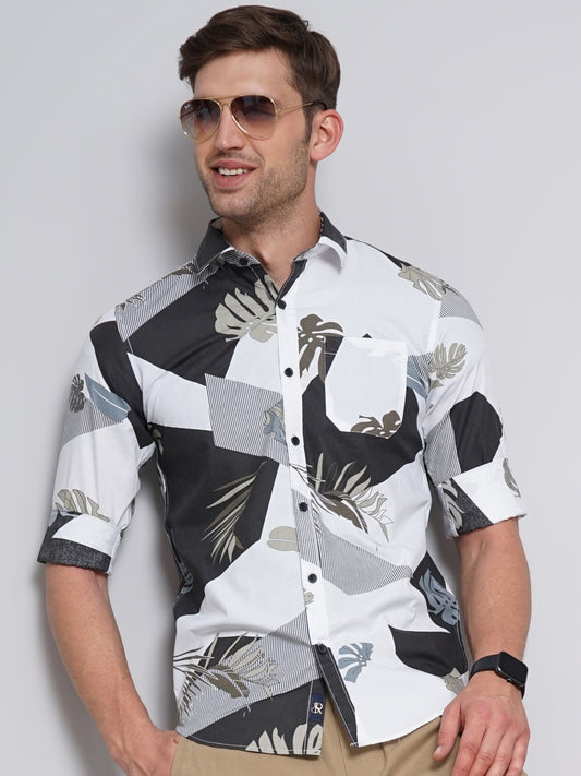 Tropical Leaves Black & White Printed Shirt for Men 