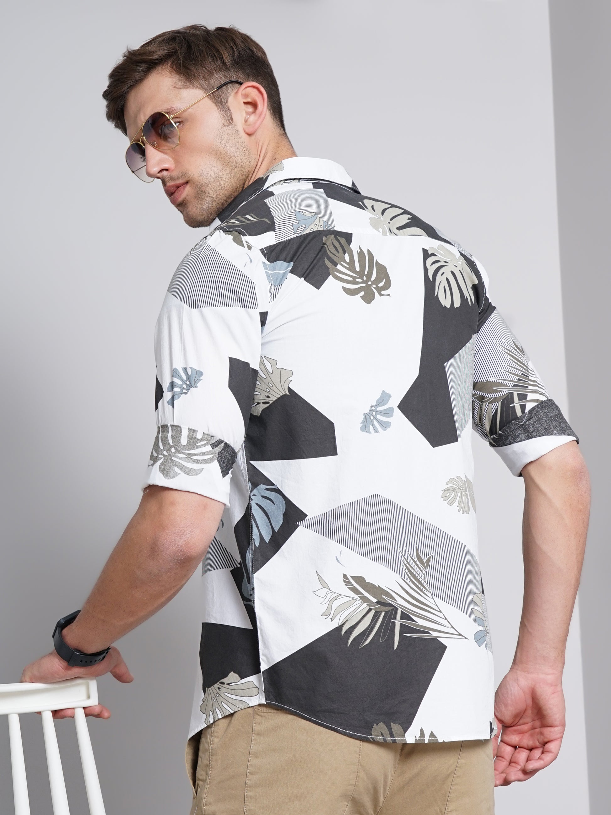 Tropical Leaves Black & White Printed Shirt for Men 