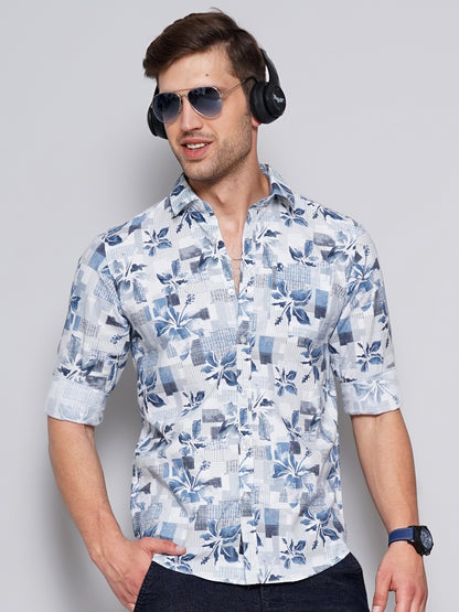 Floral Blue & White Printed Shirt for Men 