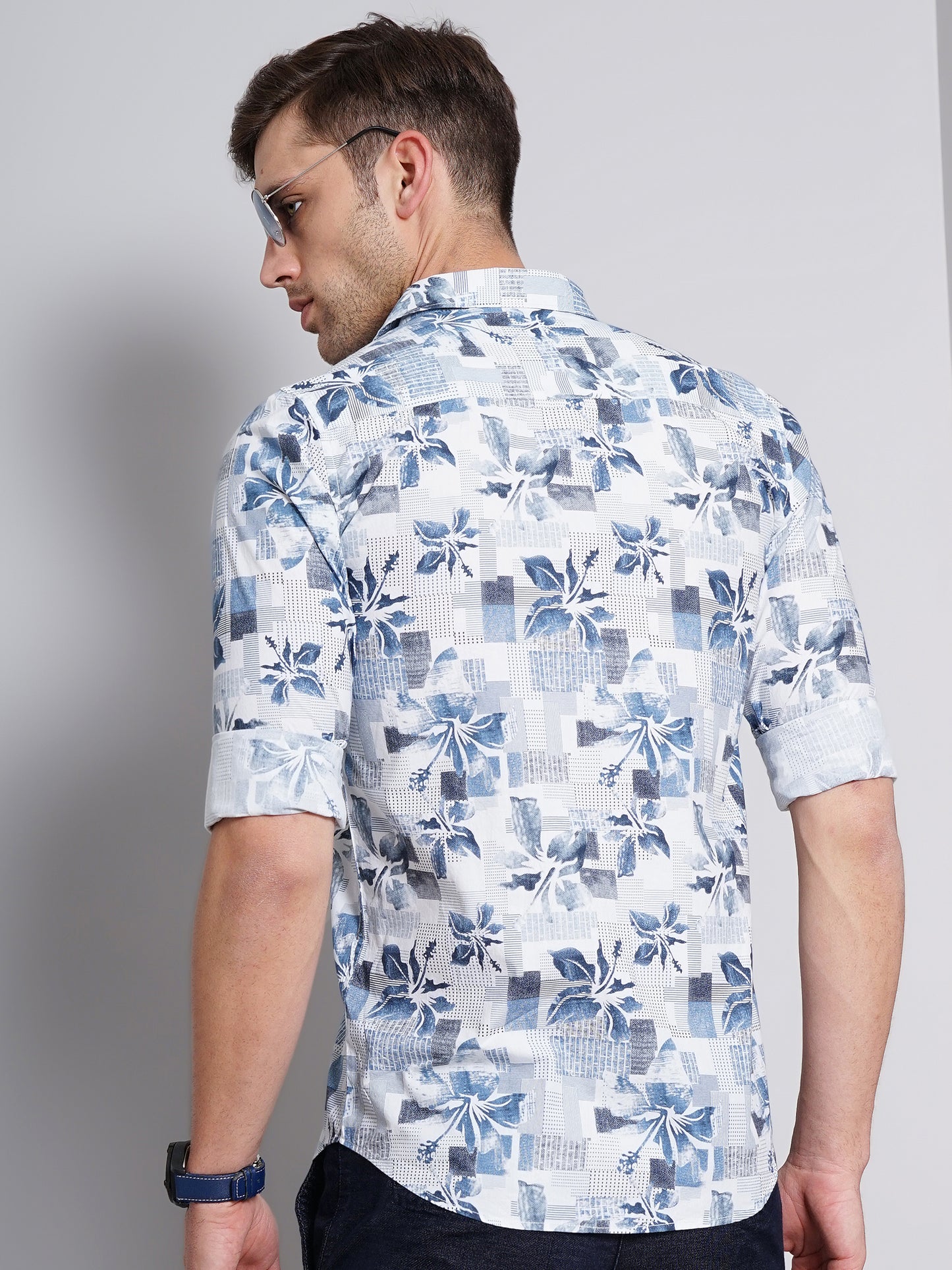 Floral Blue & White Printed Shirt for Men 
