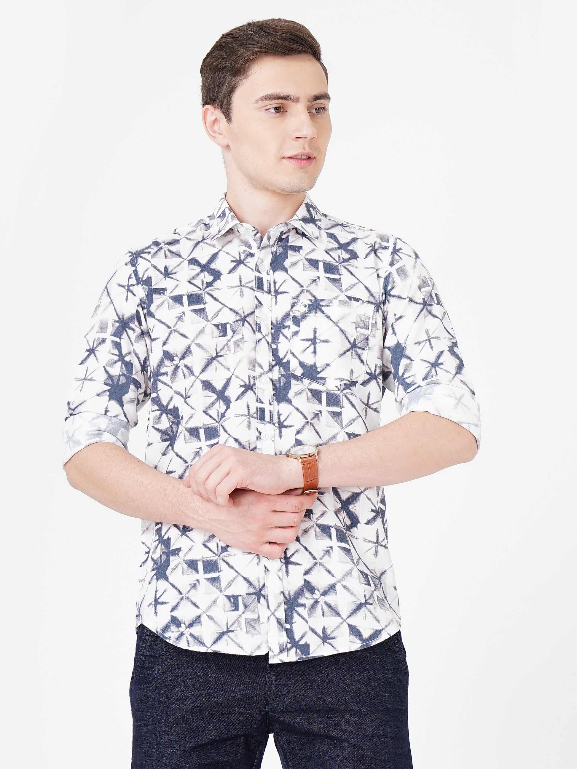 Teal Blue All Over Criss Cross Printed Shirt for Men 