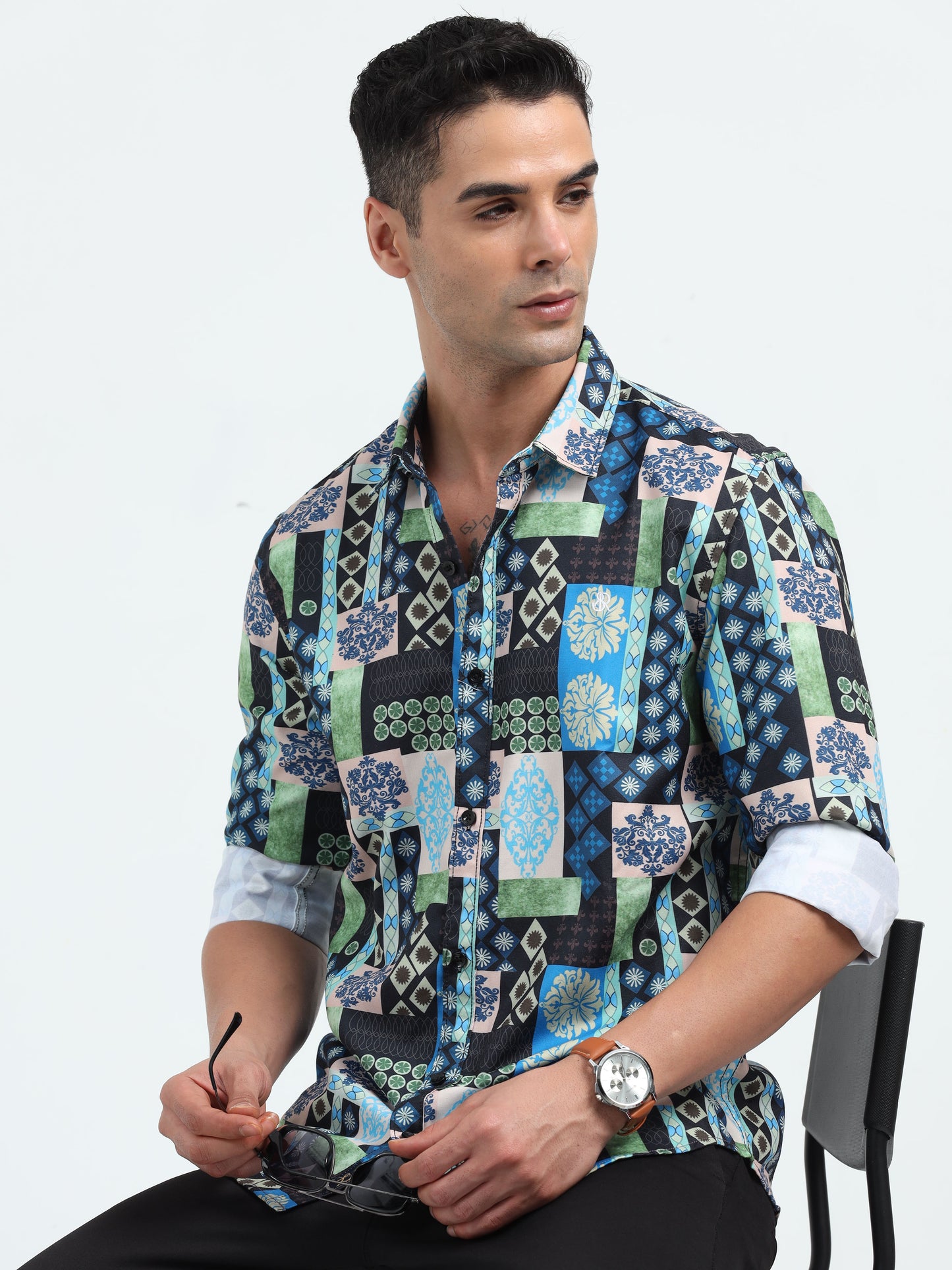 Blue and Green Cotton Men Slim Fit Casual Shirt