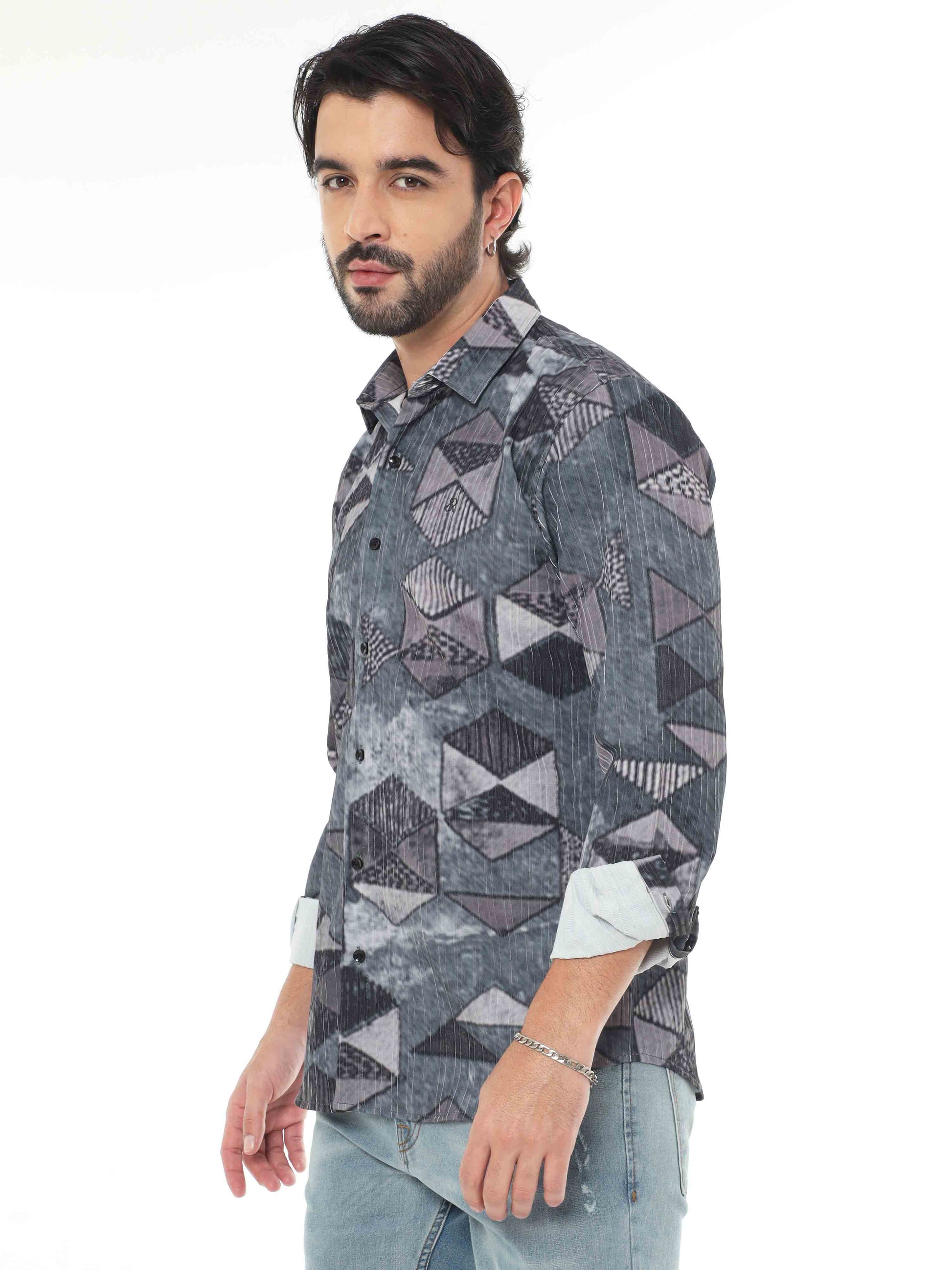Geometric Print Jet Grey Shirt