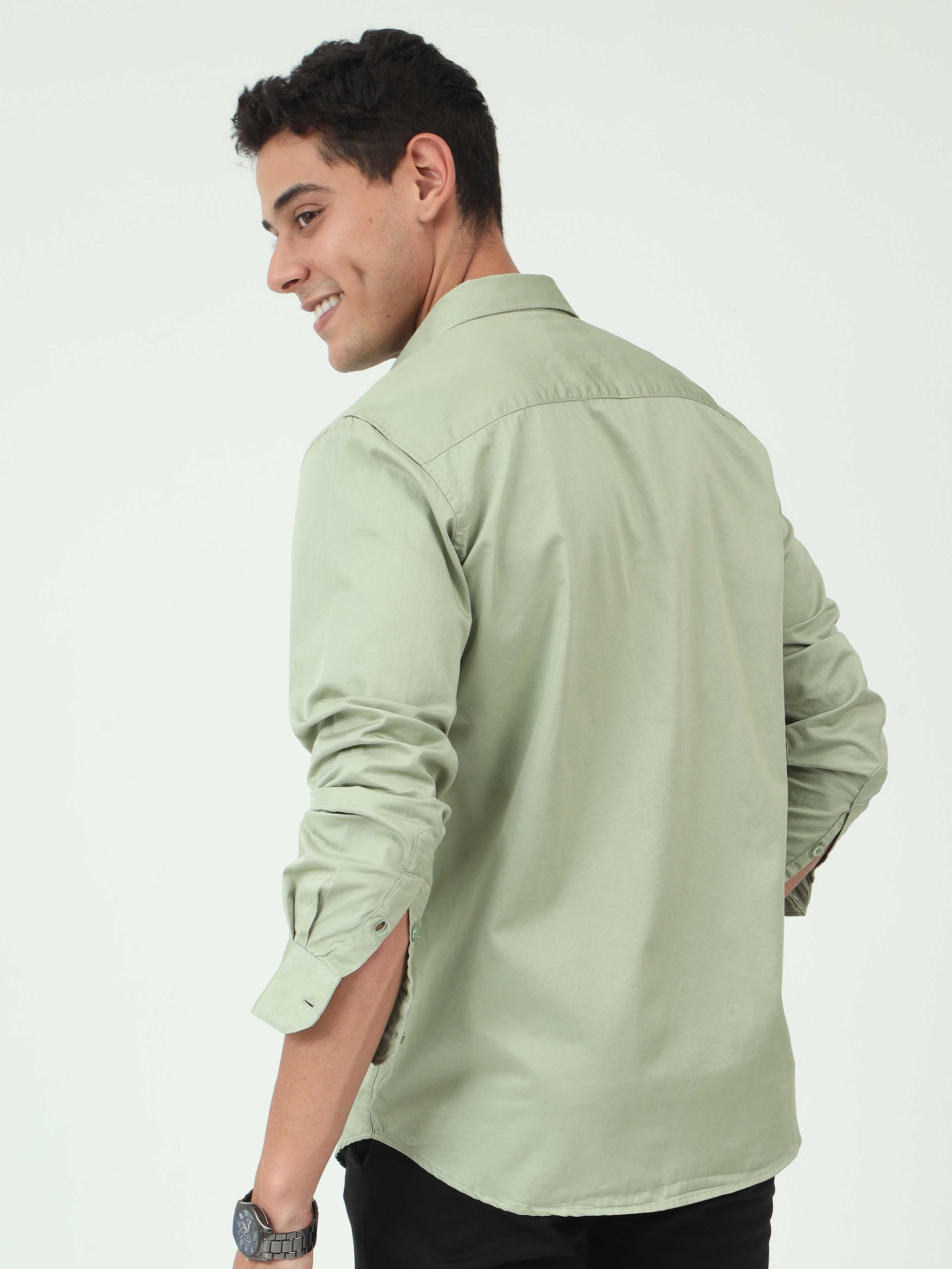 One-tone Pista Green Satin shirt for Men