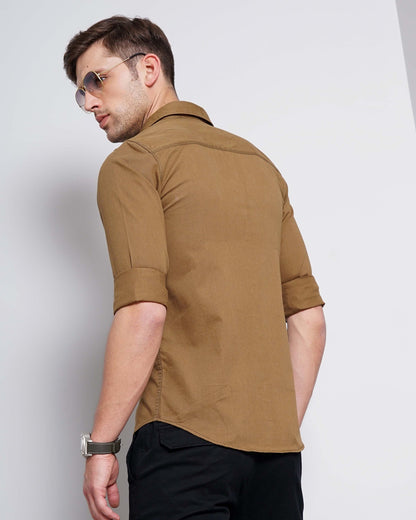 Pale Brown Solid Double Pocket Shirt