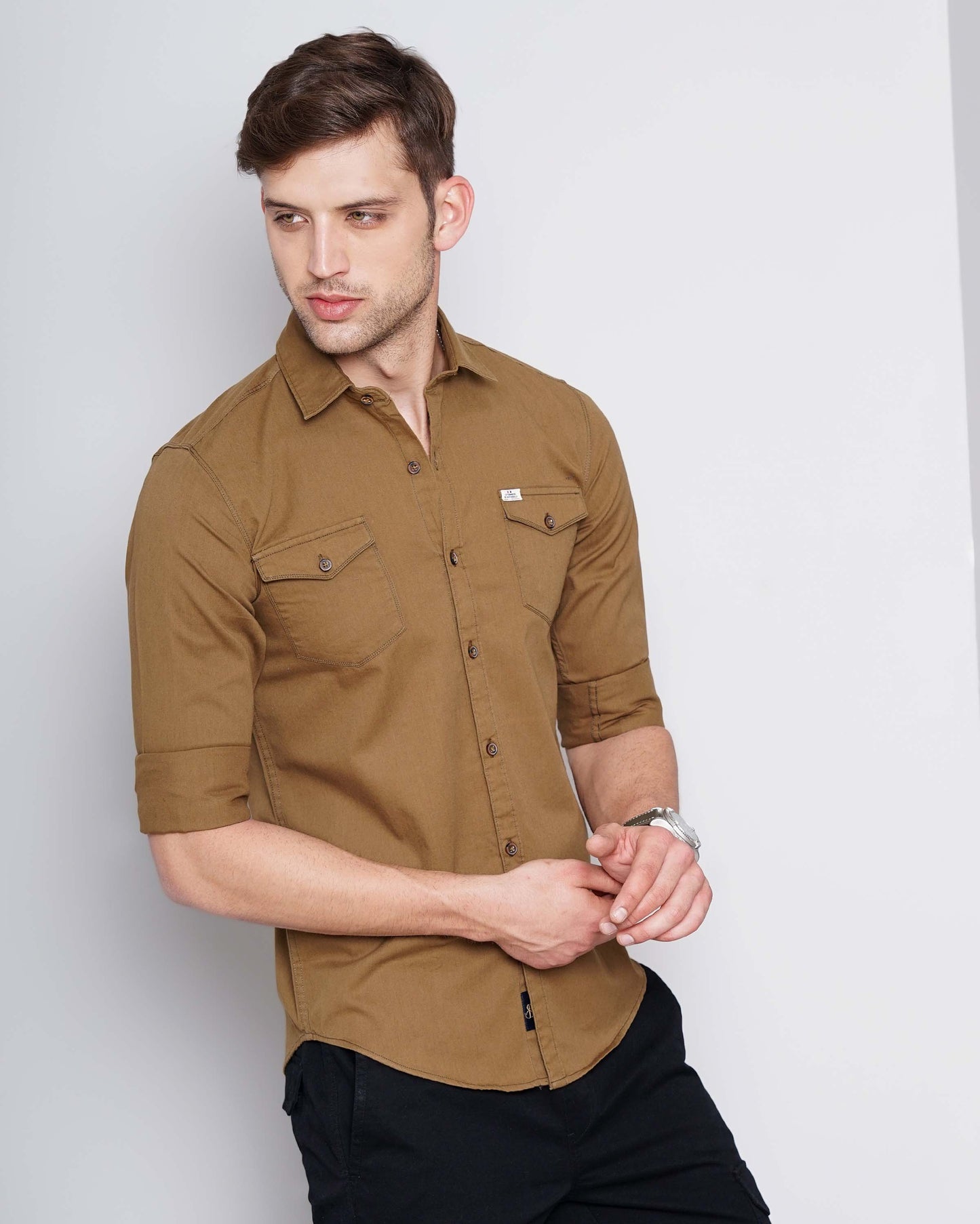 Pale Brown Solid Double Pocket Shirt