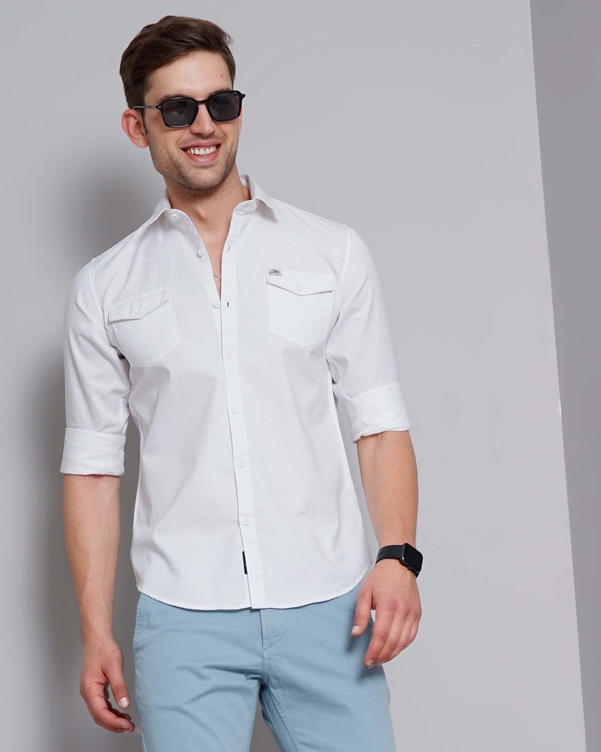 White Solid Double Pocket Shirt