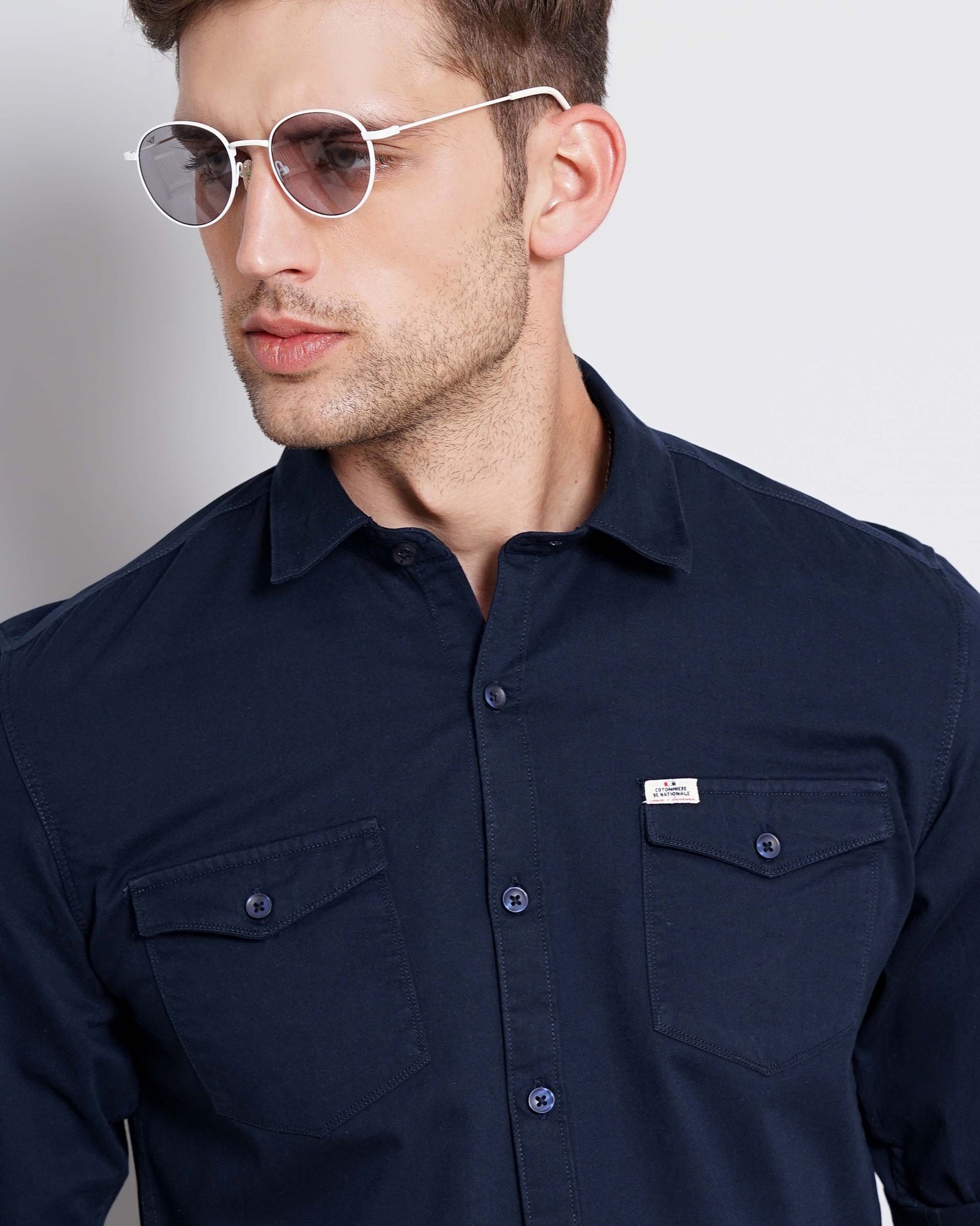 Navy Blue Solid Double Pocket Shirt
