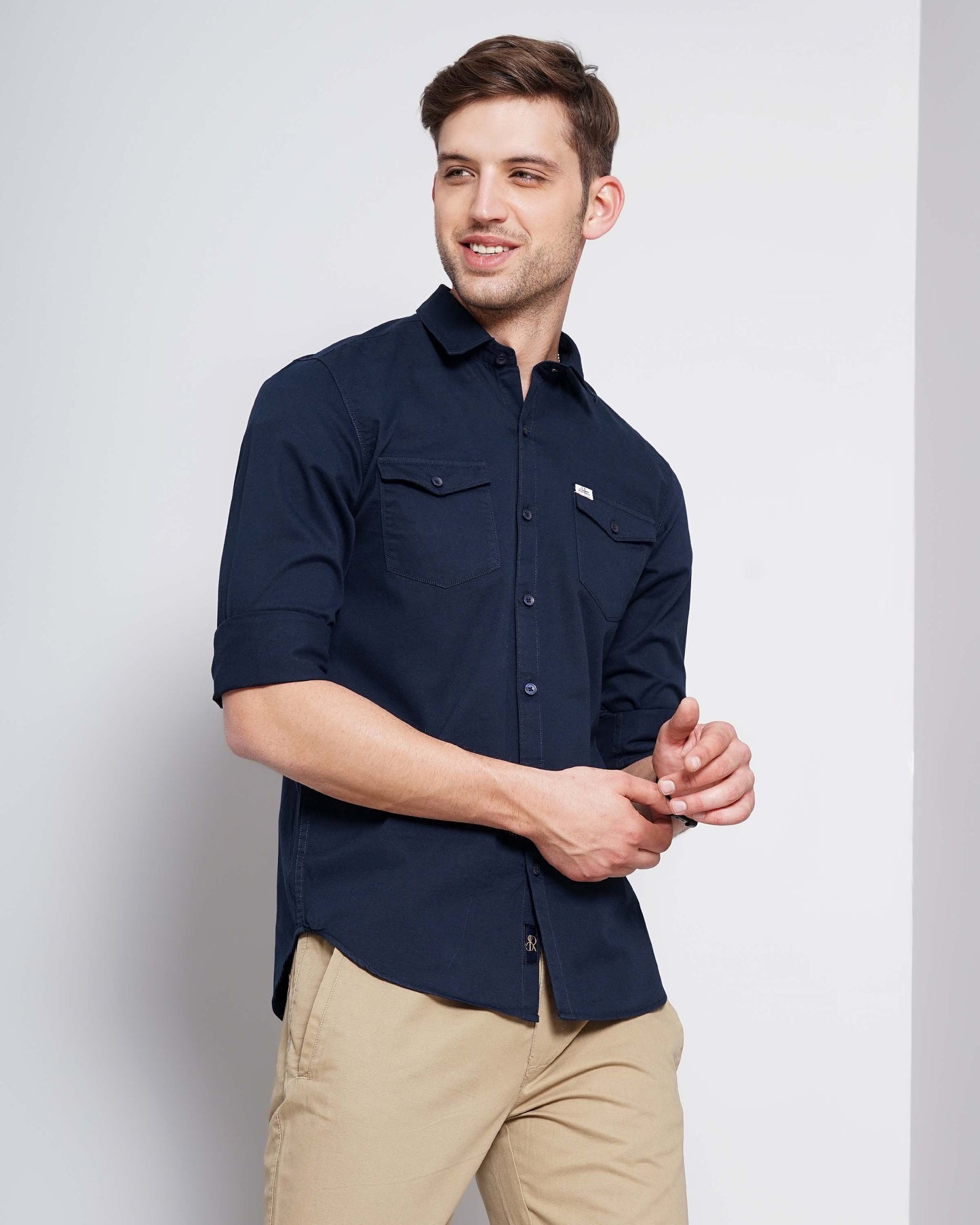 Navy Blue Solid Double Pocket Shirt