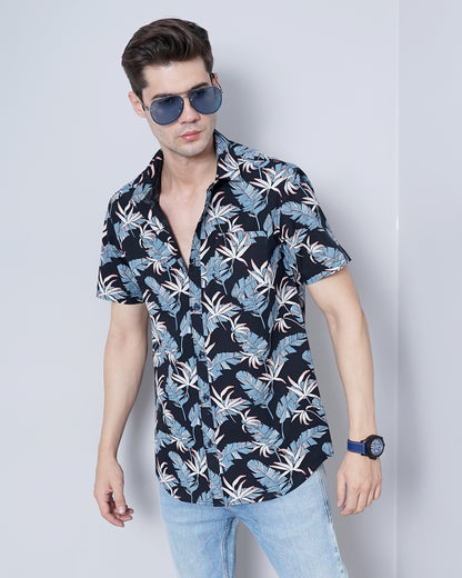 Mariner Blue Leaf Print Shirt for Men 