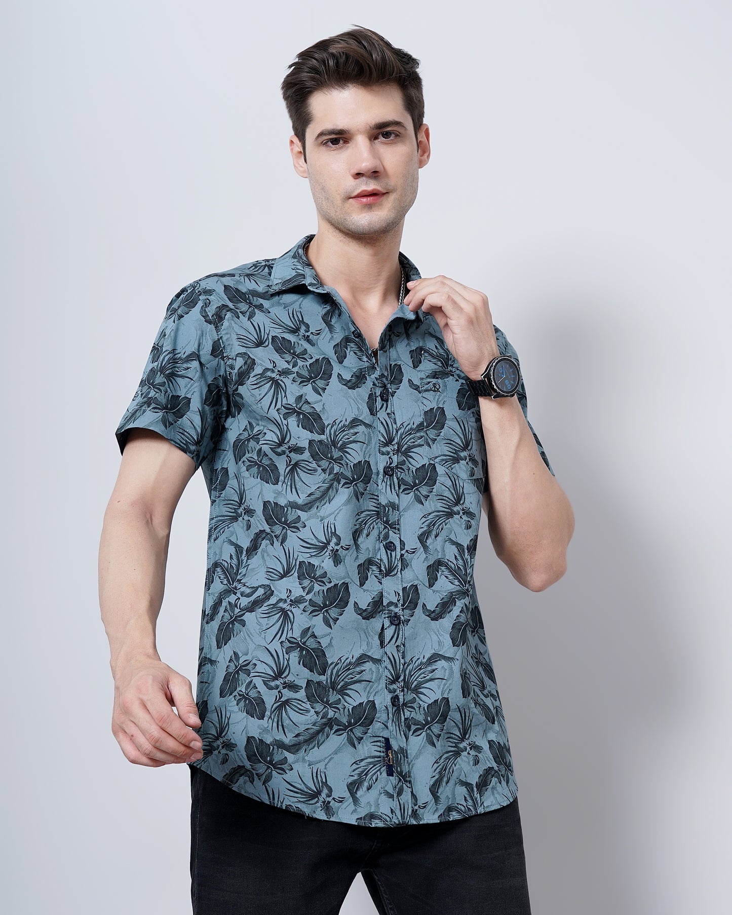 Casal Blue Leaf Print Shirt for Men