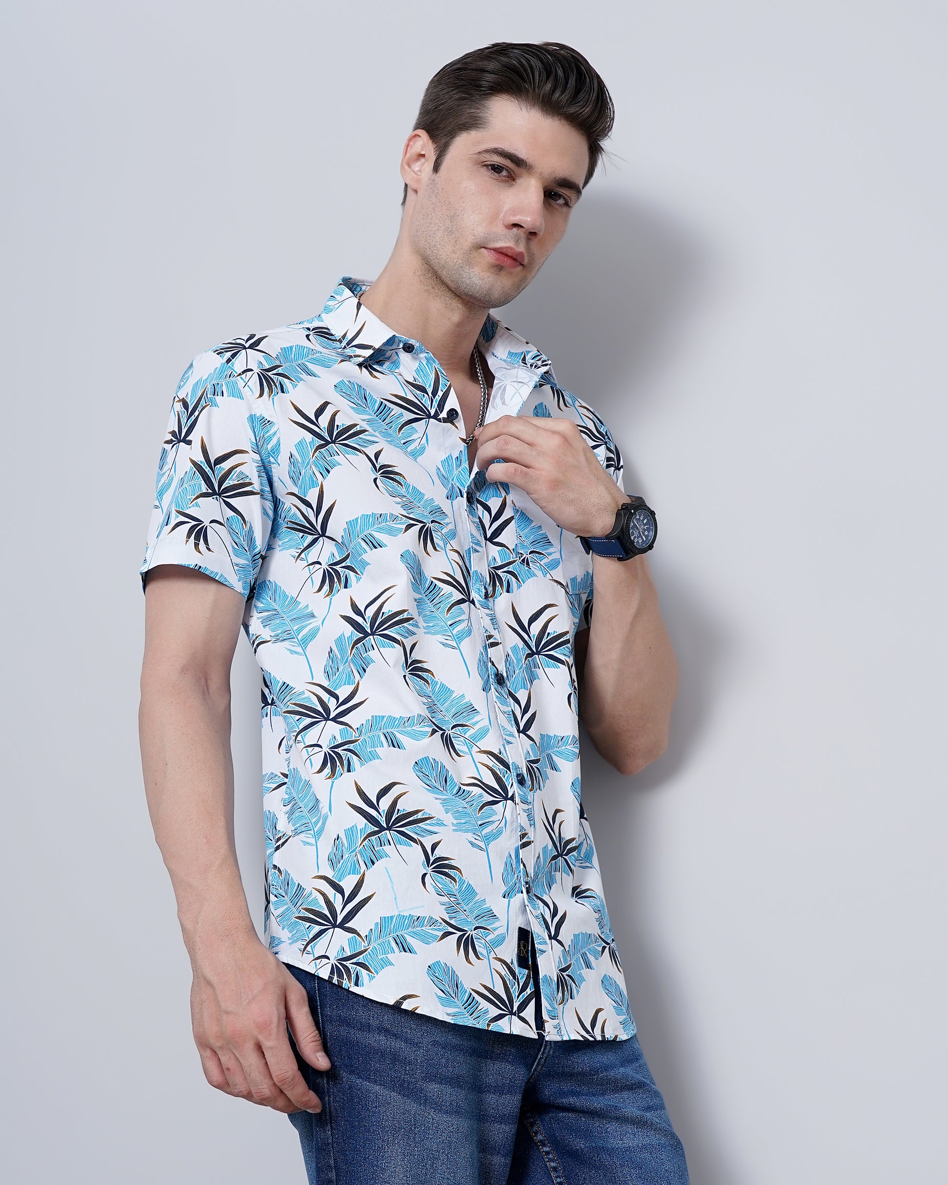 Light Blue Leaf Print Shirt for Men 