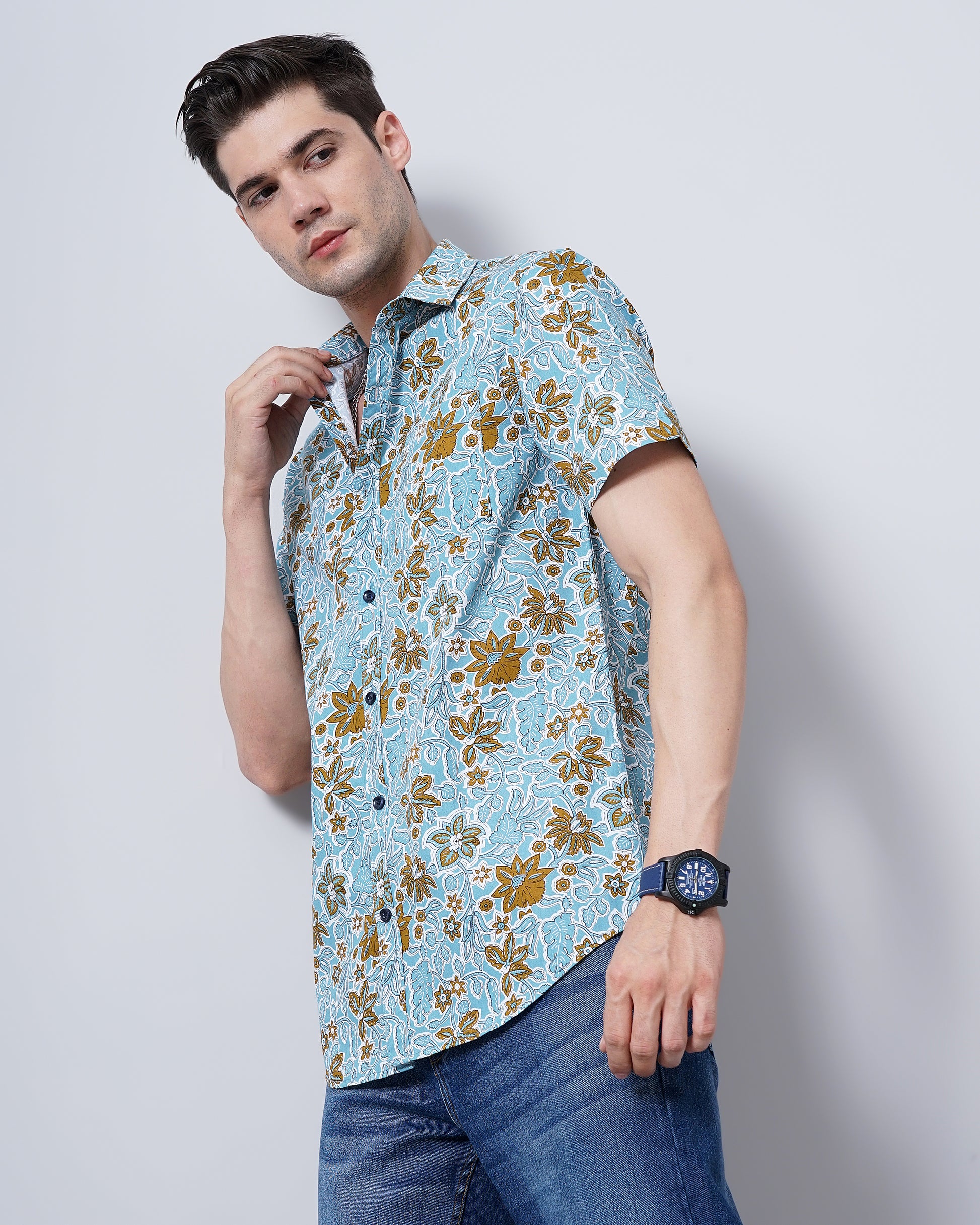 Mabel Blue Floral Print Shirt for Men 