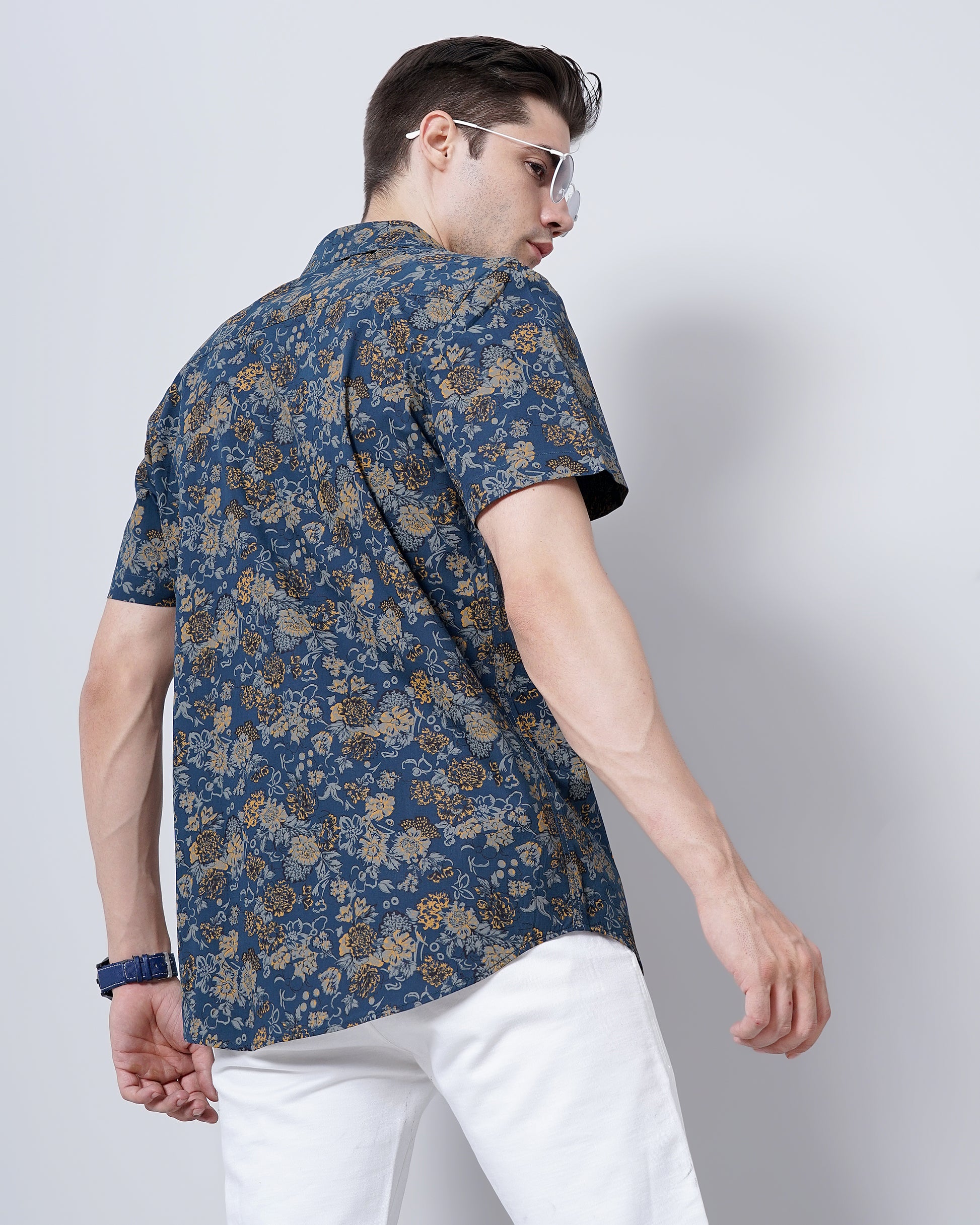 Regal Blue Floral Print Shirt for Men 