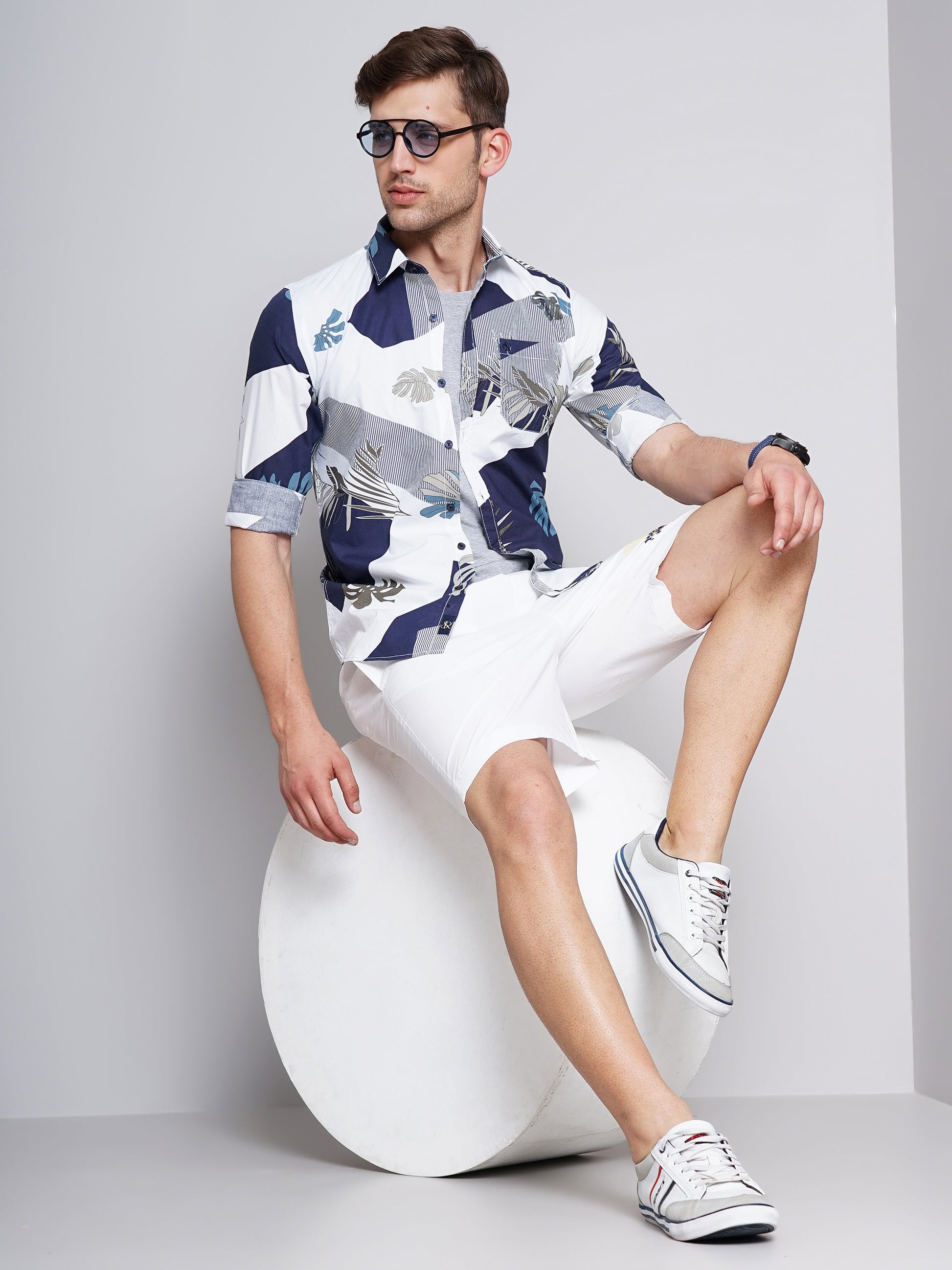 Tropical Leaves Navy & White Printed Shirt for Men 